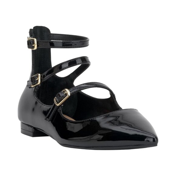 NWT INC International Concepts Valan Triple-Strapped Flats Black Patent 8.5M